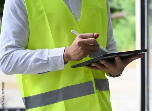 A man in yellow vest holding a tablet.