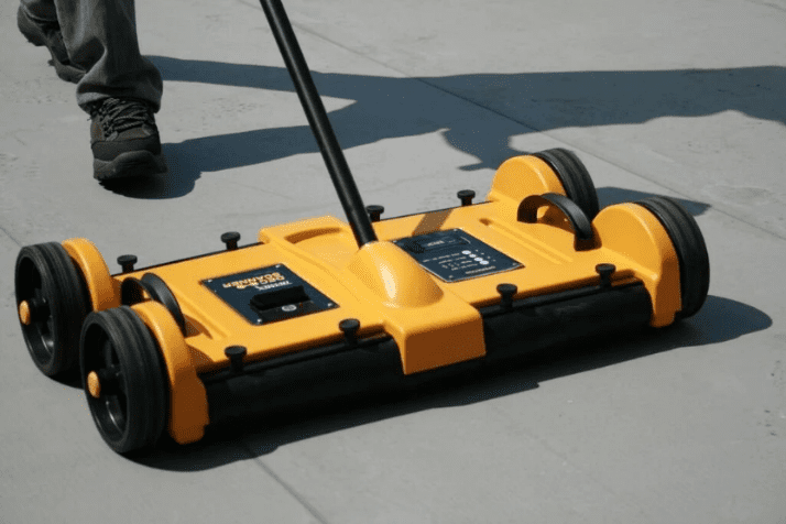 A yellow and black sweeper on the ground
