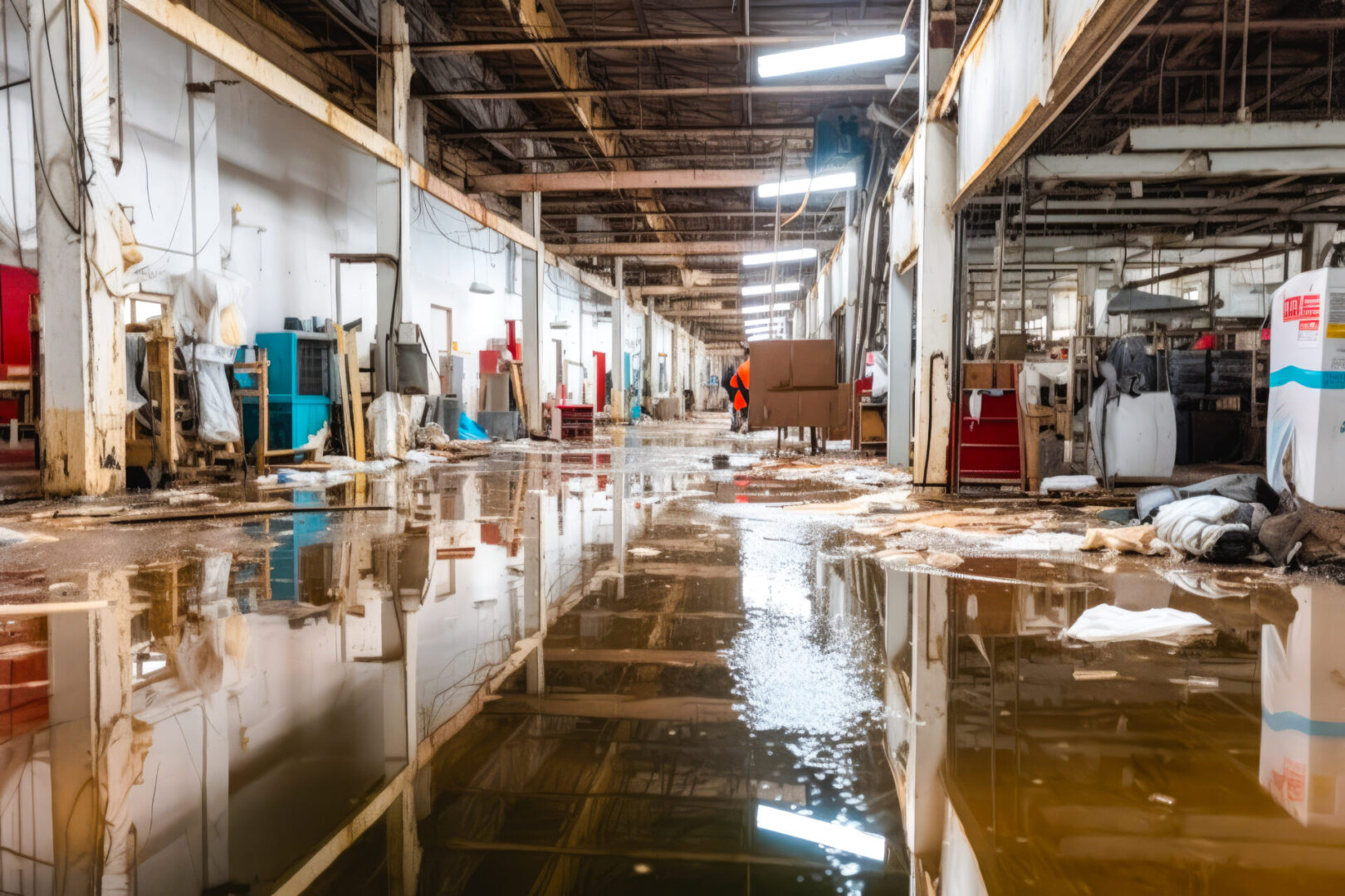 A warehouse with water on the floor and floors flooded.